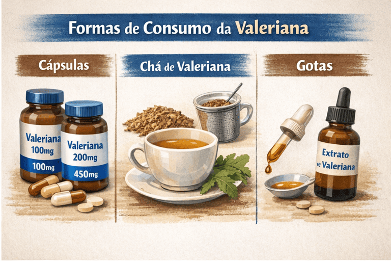 Formas de consumo da valeriana: cápsulas, chá e extrato em gotas