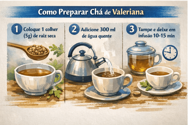 Passo a passo de preparo do chá de valeriana com proporção e tempo de infusão