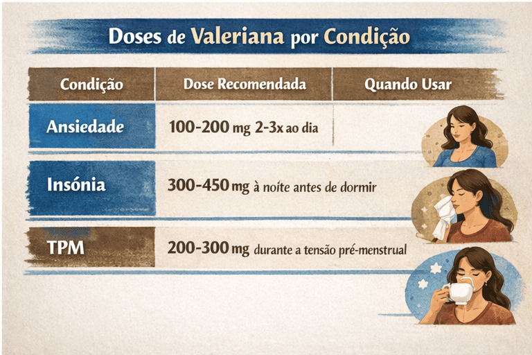 Tabela de doses de valeriana por condição, com orientação de quando usar