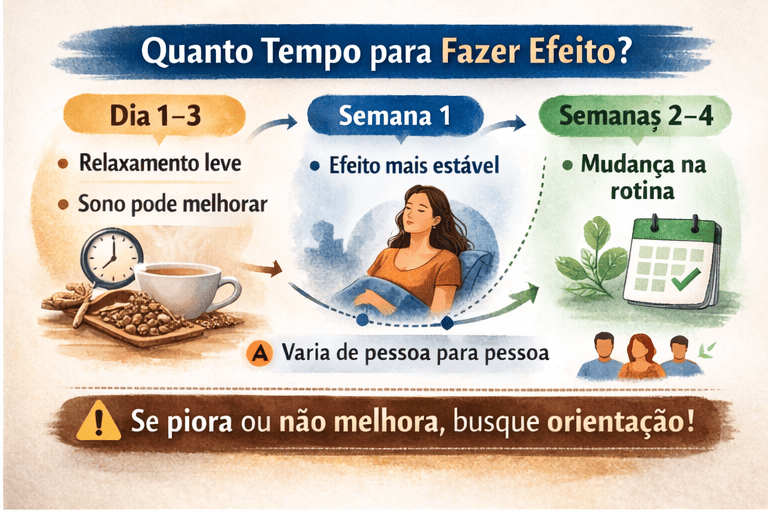 Linha do tempo do efeito da valeriana: dias 1–3, semana 1 e semanas 2–4