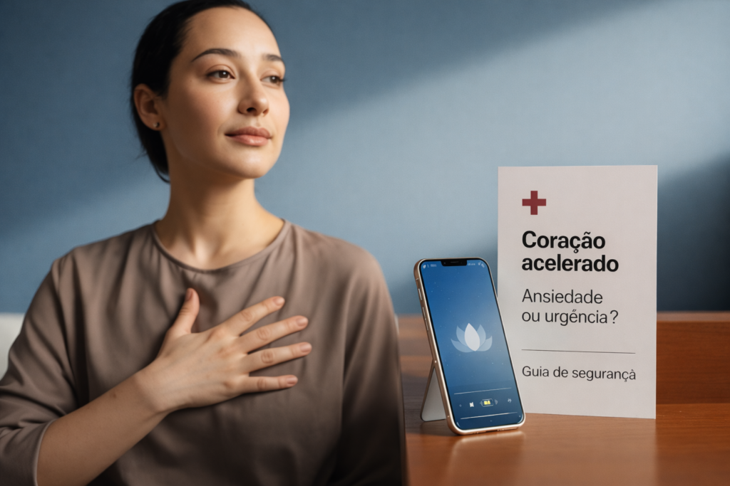 Pessoa em ambiente minimalista com postura de autocontrole, guia de segurança para coração acelerado