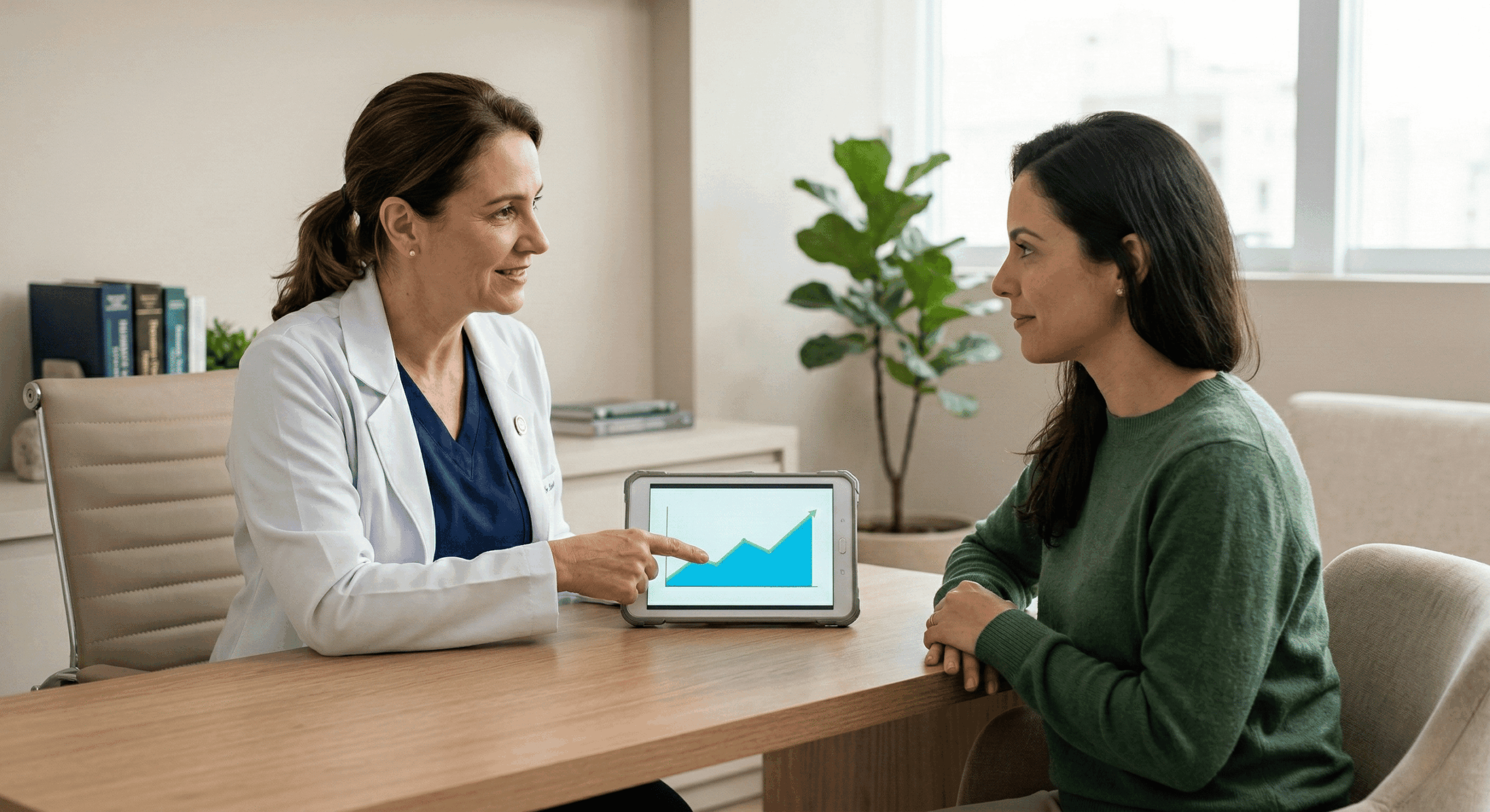 Médica orientando paciente em consulta sobre tratamento com fluoxetina para ansiedade, com gráfico de acompanhamento no tablet.