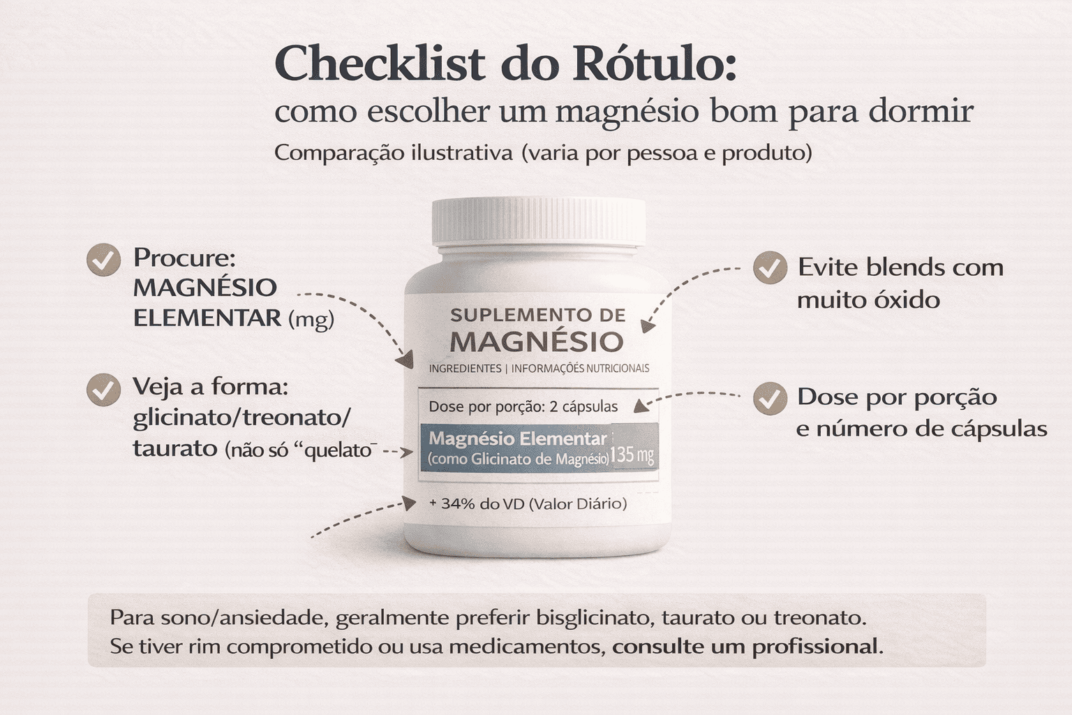Checklist do rótulo para escolher magnésio para insônia e ansiedade, incluindo magnésio elementar e forma