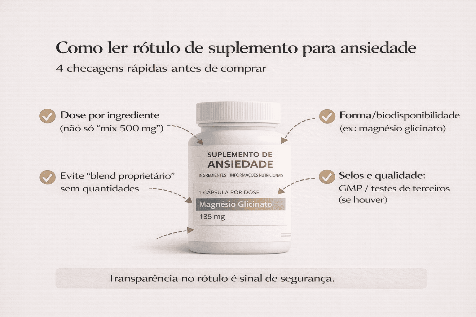 Checklist para ler rótulo de suplemento para ansiedade e evitar blend proprietário sem dose por ingrediente