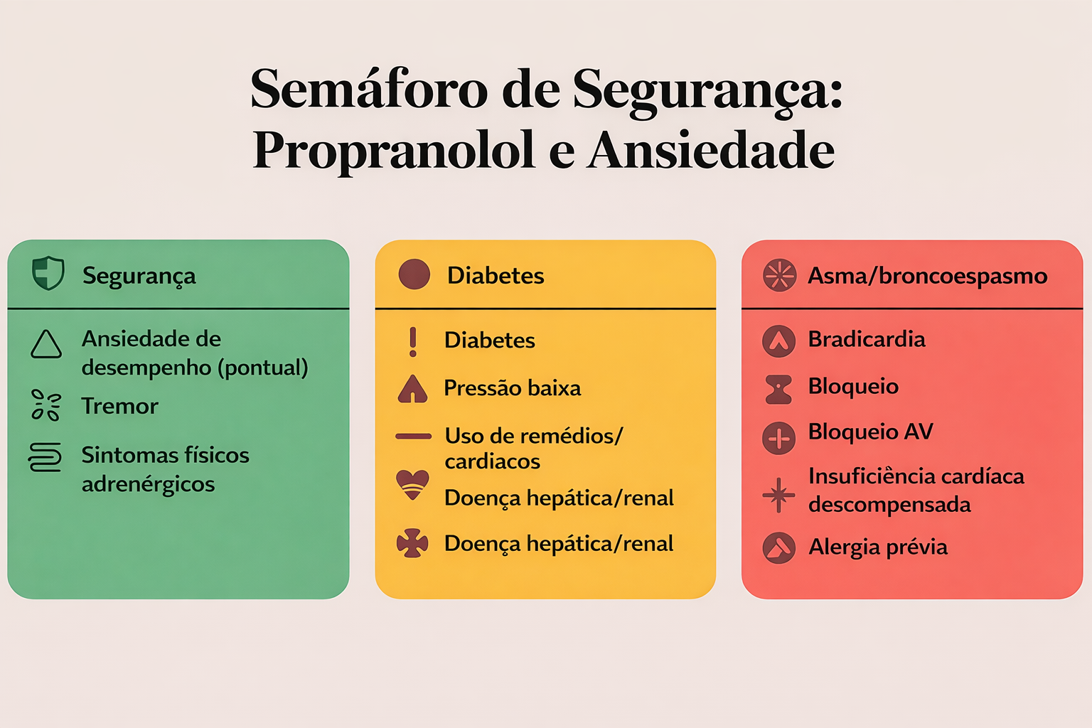 Infográfico em formato de semáforo sobre dosagem e indicações do propranolol para ansiedade