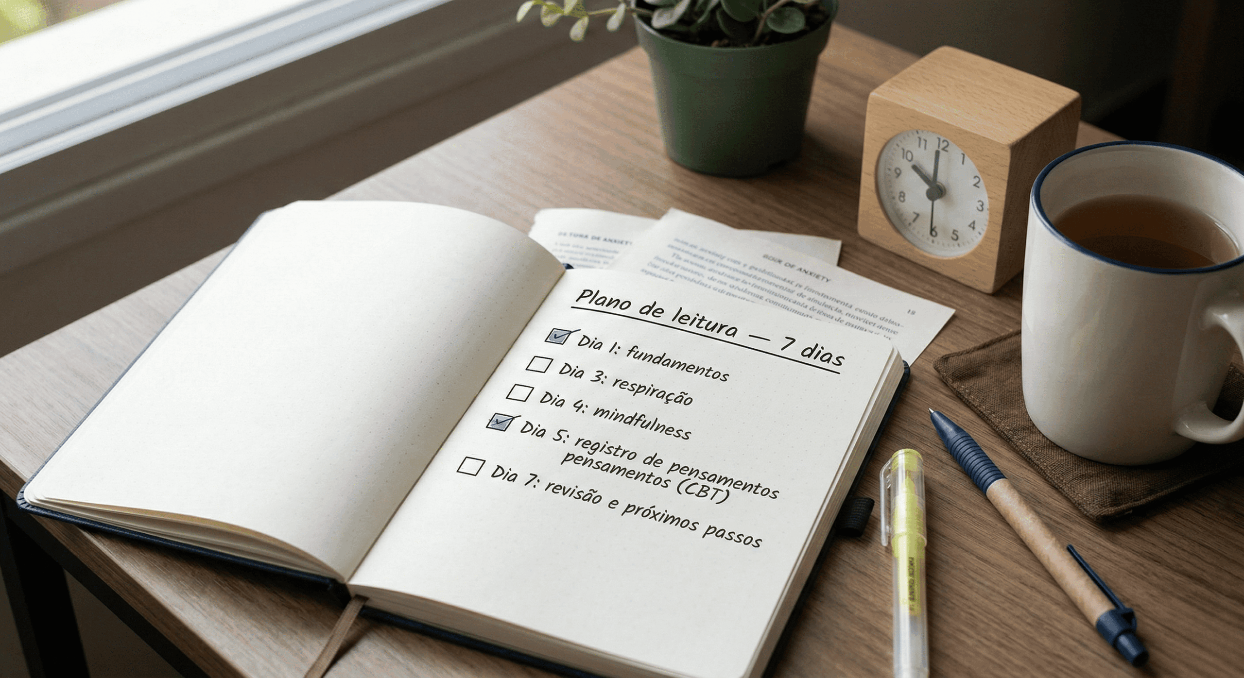 Caderno com plano de leitura em 7 dias para livro sobre ansiedade, com checklist de fundamentos, técnicas e revisão.