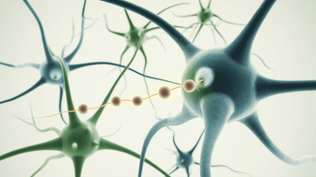 Ilustração 3D de neurônios e sinapse representando a ação de um ISRS na serotonina, como a fluoxetina.