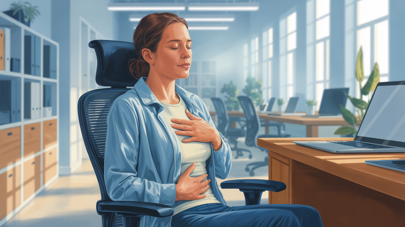 Mulher praticando respiração e pausa consciente no ambiente de trabalho para aliviar ansiedade no trabalho durante o expediente.