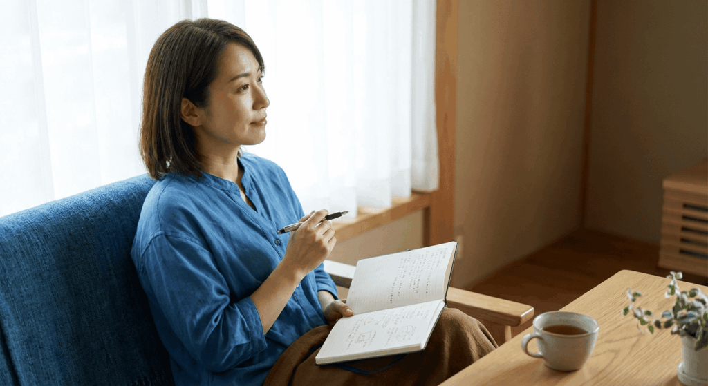 Mulher com expressão serena e caderno de anotações, representando esperança realista e tratamento para ansiedade.