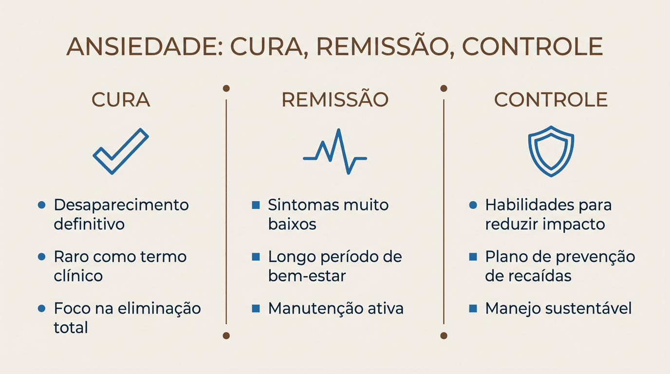 Infográfico explicando diferença entre cura, remissão e controle no tratamento da ansiedade.