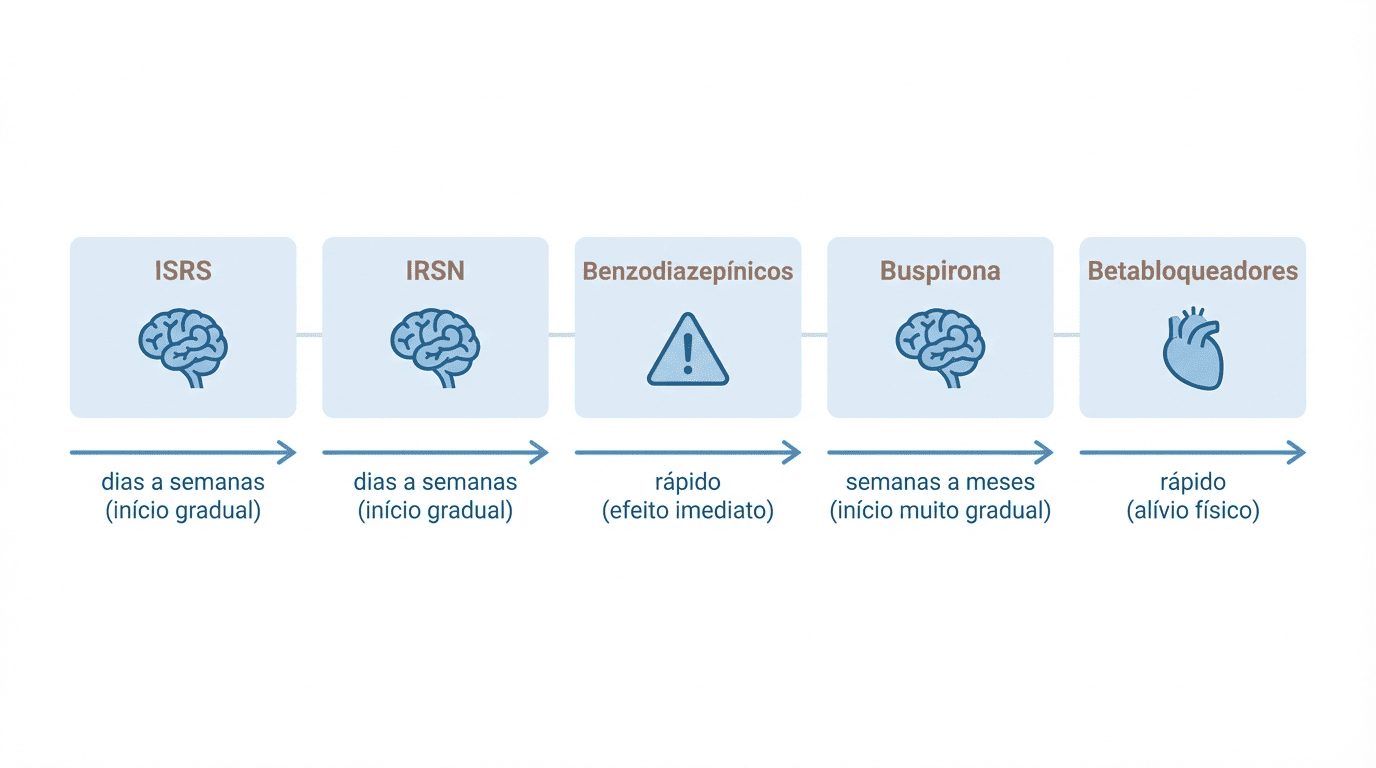 Infográfico com classes de remédios para ansiedade e uma linha do tempo simples sobre início de efeito.