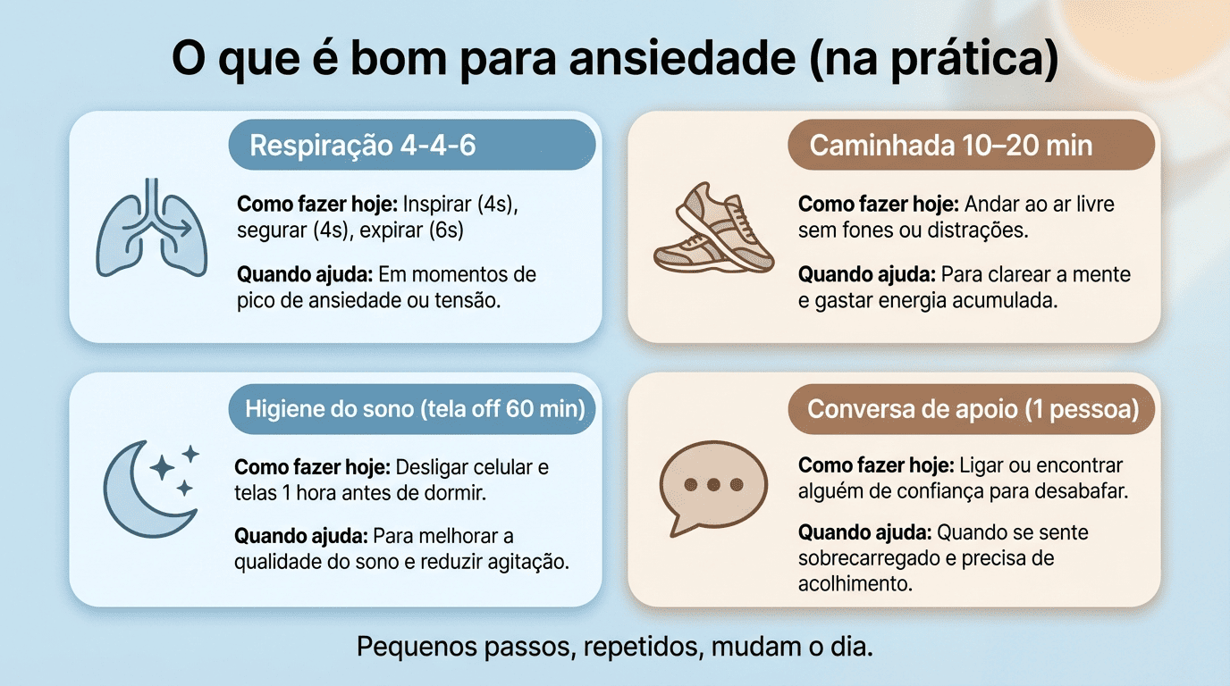 Cards com quatro estratégias práticas para ansiedade: respiração, caminhada, sono e apoio social.
