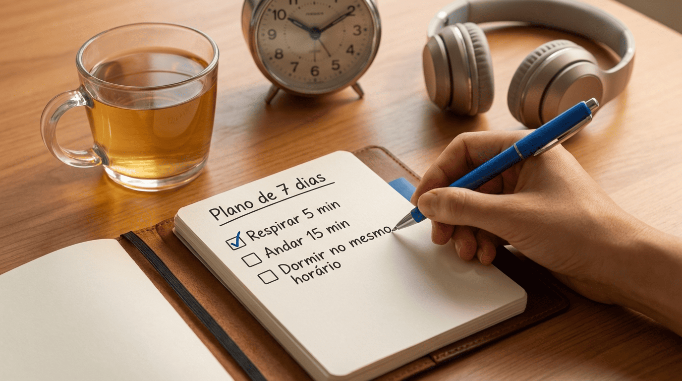 Caderno com plano de 7 dias e checklist de hábitos para reduzir ansiedade, ao lado de chá e timer.
