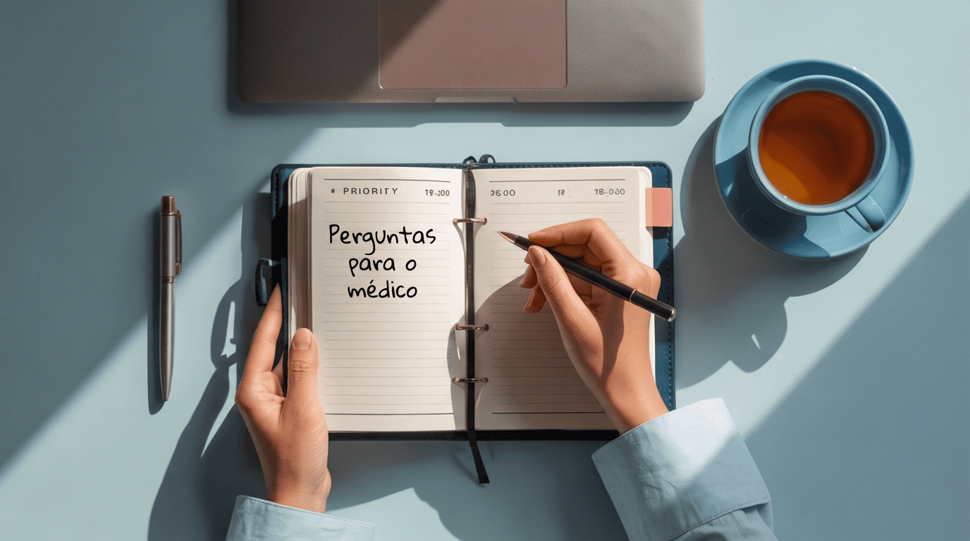 Mãos de mulher escrevendo em um checklist de perguntas para consulta sobre remédio para ansiedade.