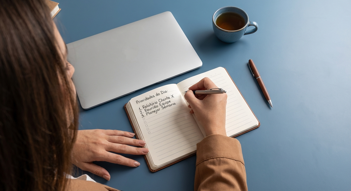 Mãos de mulher escrevendo prioridades em um caderno para organizar tarefas e reduzir ansiedade no trabalho.