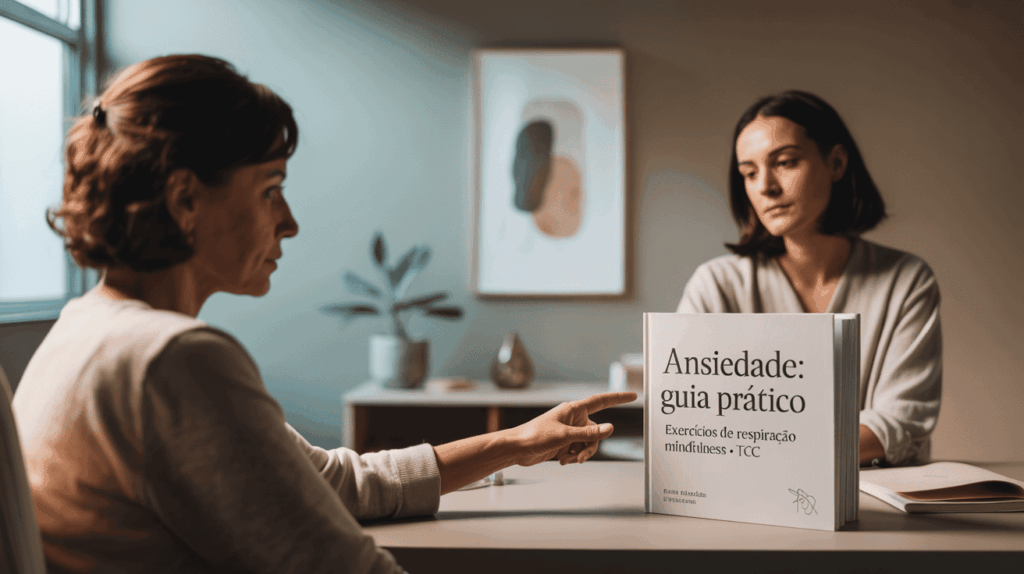 Terapeuta em consultório minimalista indicando um livro sobre ansiedade para um paciente.