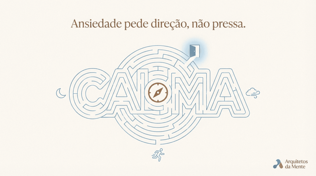 Ilustração minimalista com labirinto e bússola simbolizando estratégias para aliviar a ansiedade.