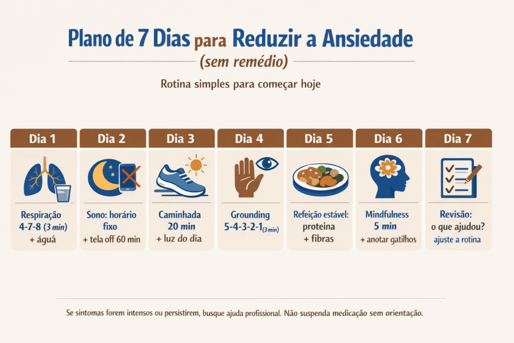 Plano de 7 dias para reduzir a ansiedade sem remédio com ações diárias práticas