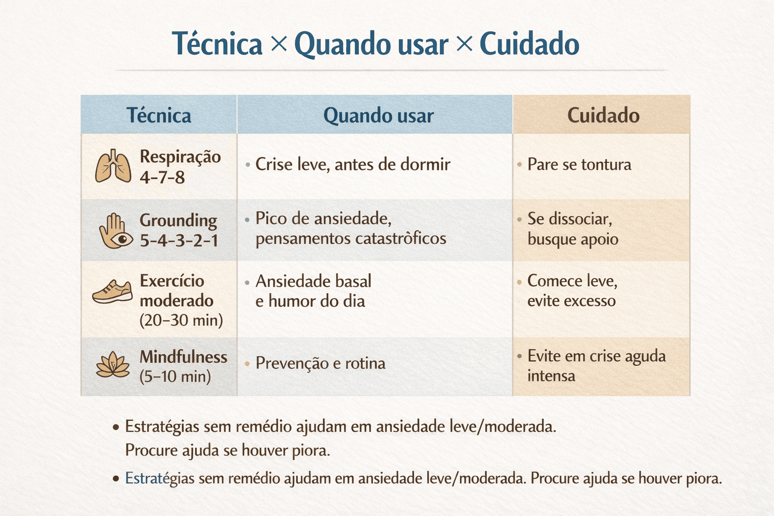Tabela com técnicas para ansiedade sem remédio, quando usar e cuidados