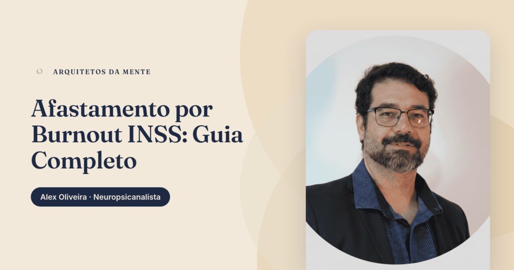 Pessoa exausta no trabalho segurando documentos do INSS, representando o processo de afastamento por burnout