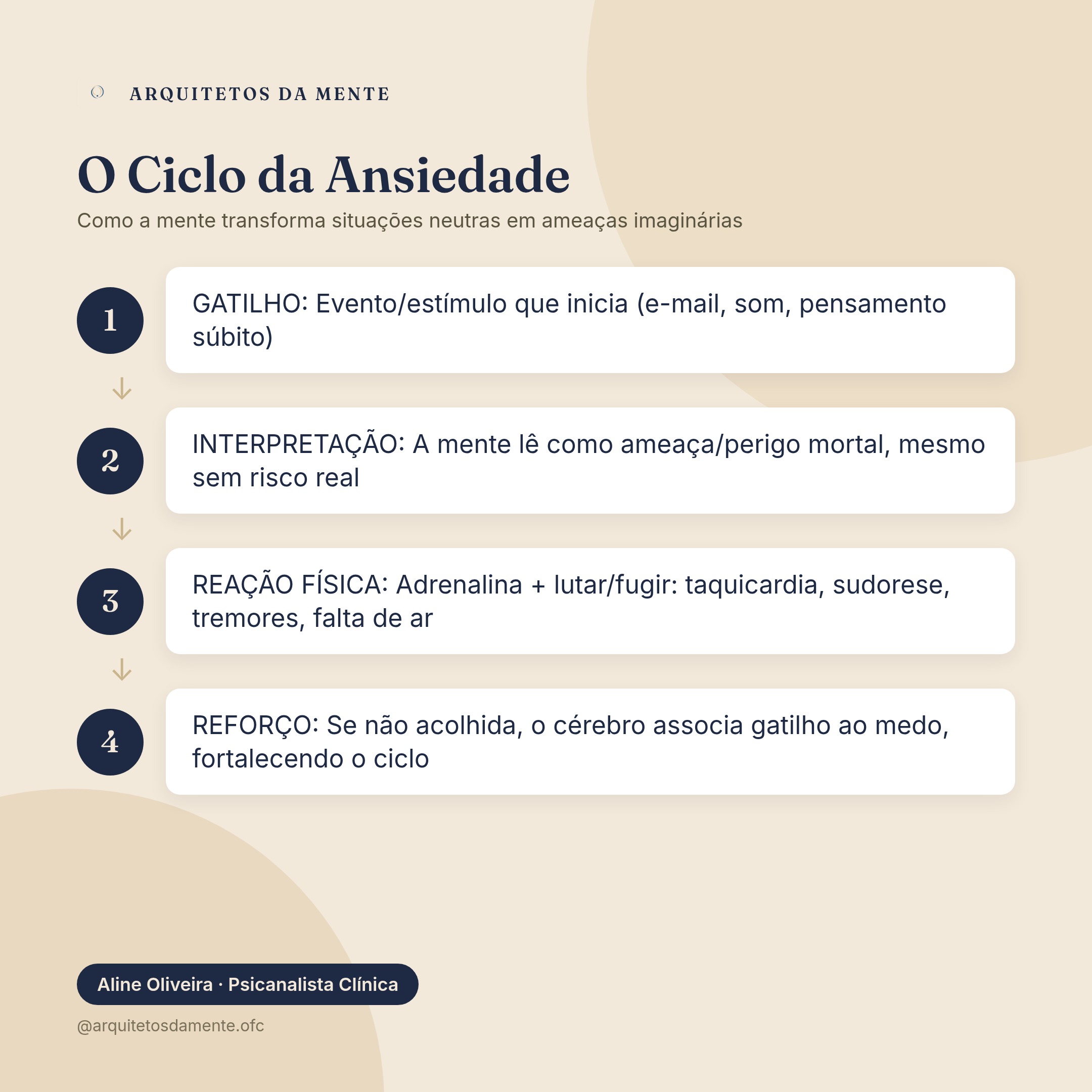 Infográfico sobre a ansiedade está mentindo para você — Ciclo da ansiedade mostrando as quatro etapas: gatilho, interpretação, reação do corpo e reforço