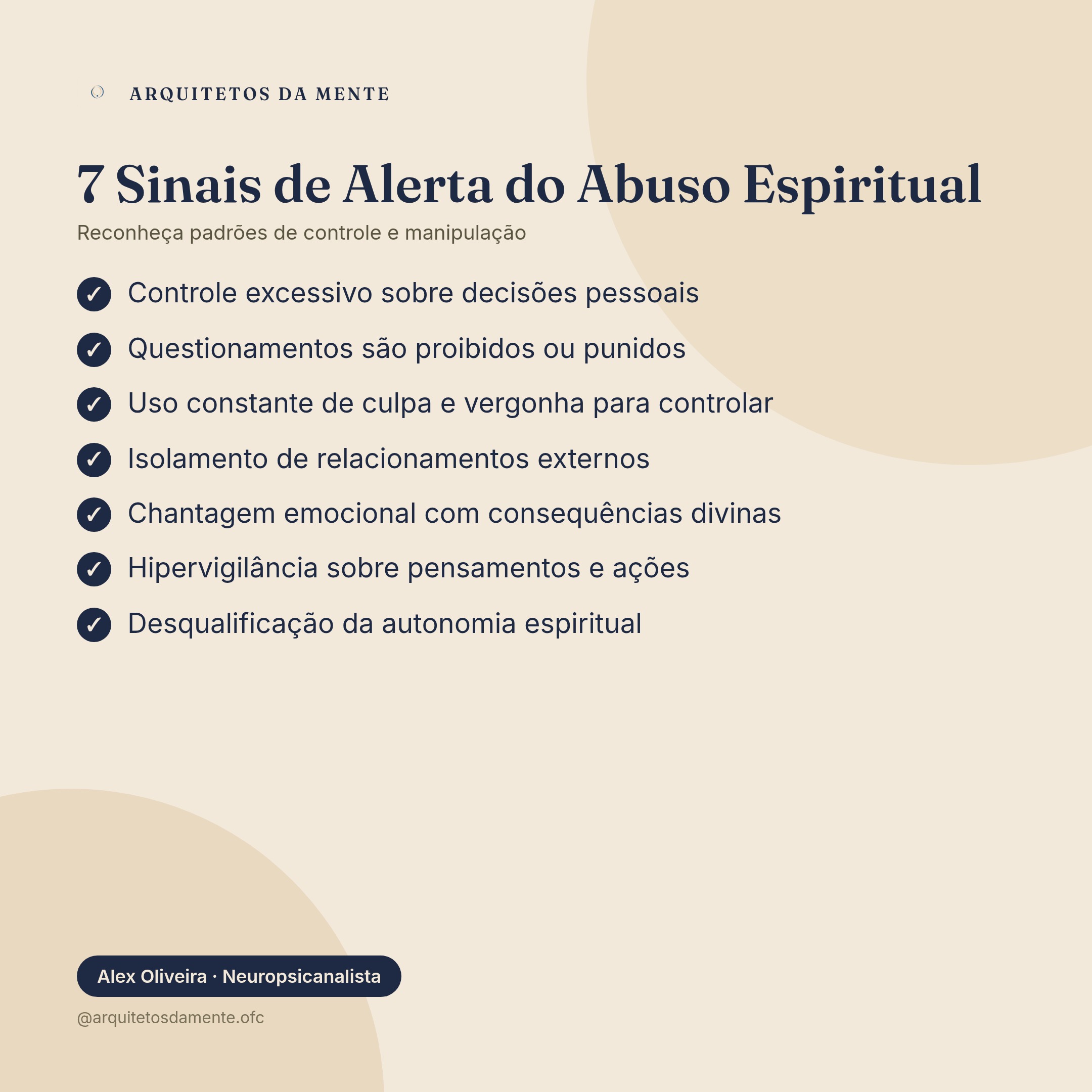 Infográfico sobre sinais de abuso espiritual e controle religioso