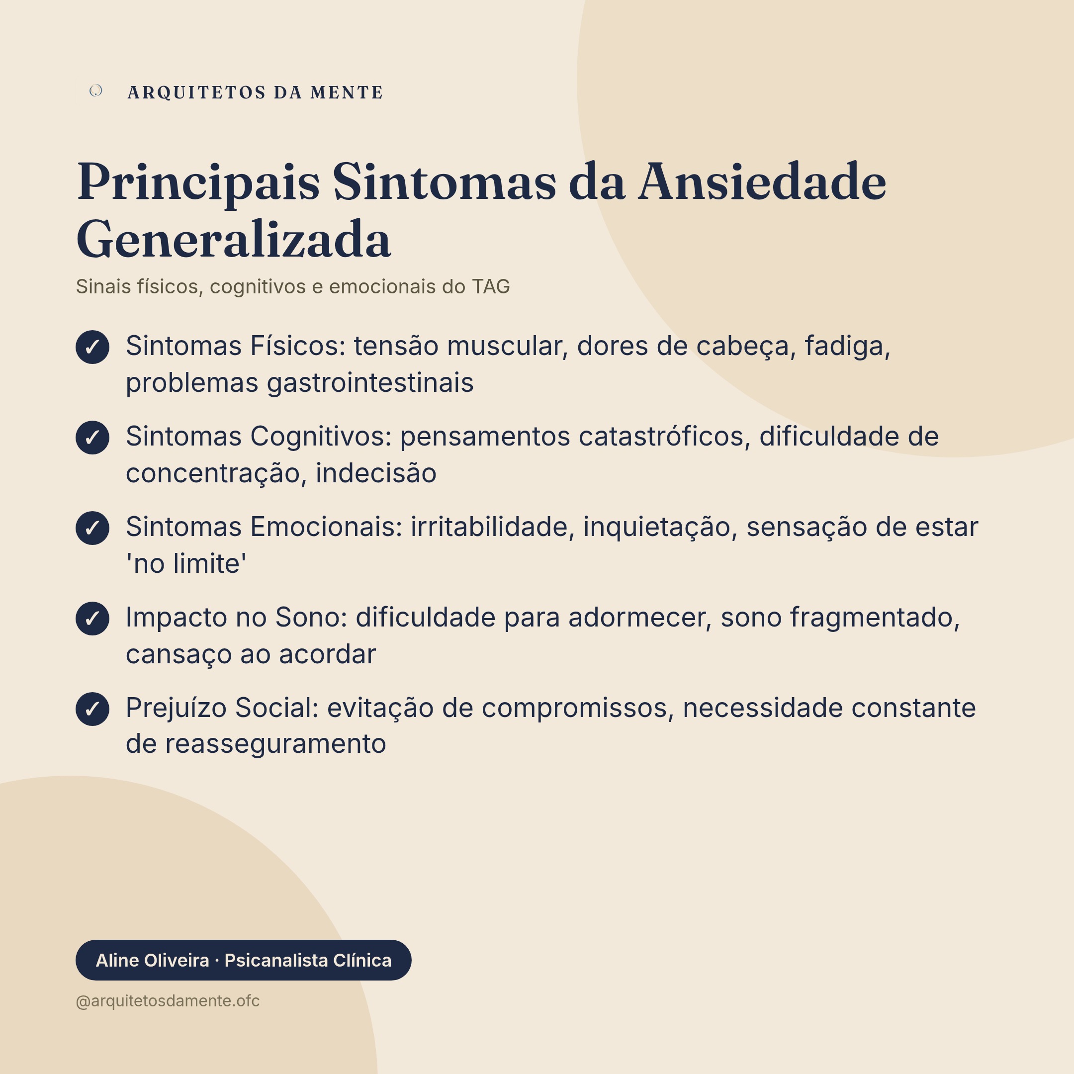 Infográfico mostrando os principais sintomas da ansiedade generalizada organizados por categorias