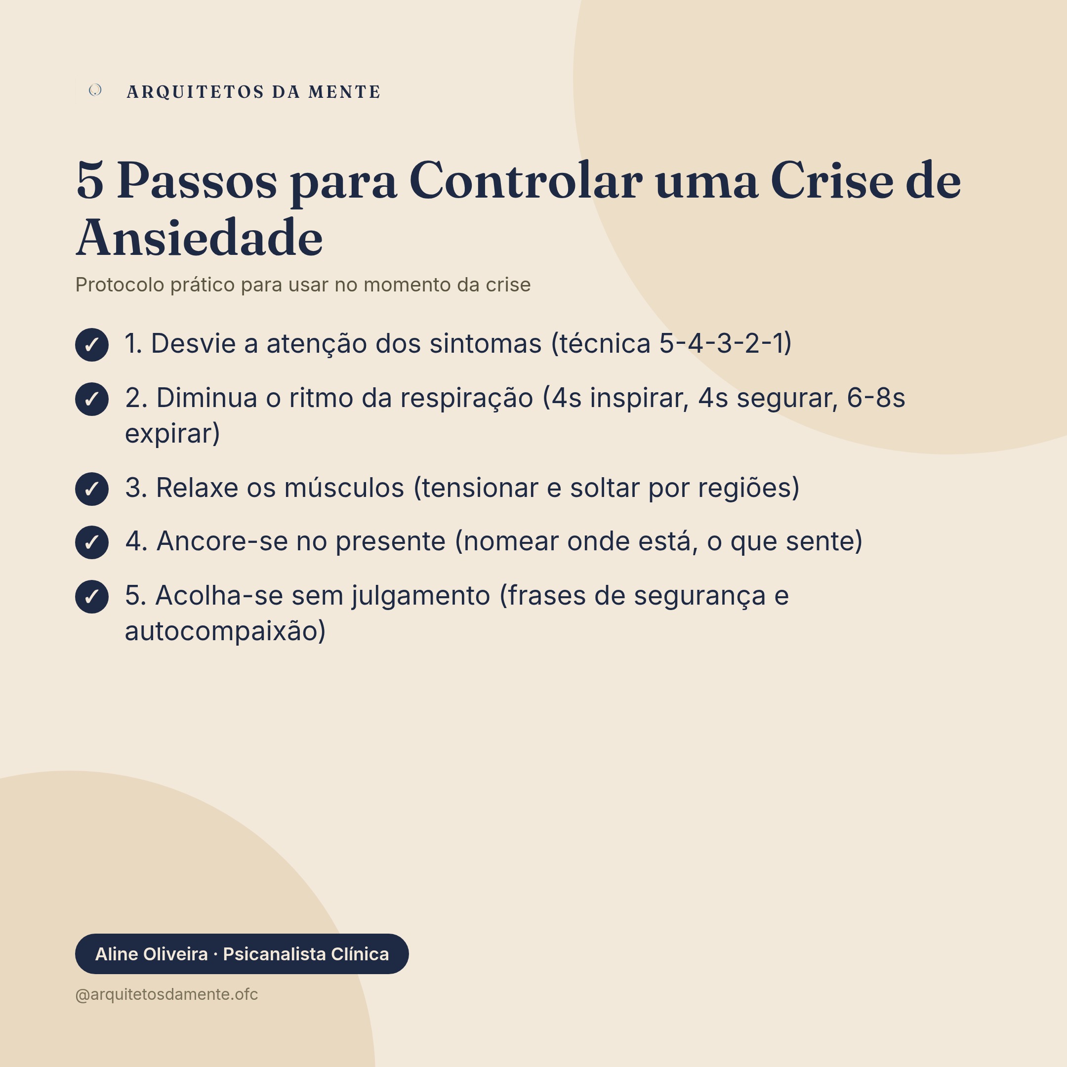 Infográfico sobre como controlar crise de ansiedade — Infográfico com 5 passos para controlar crise de ansiedade: desviar atenção, respirar lentamente, relaxar músculos, ancorar no presente e acolher-se