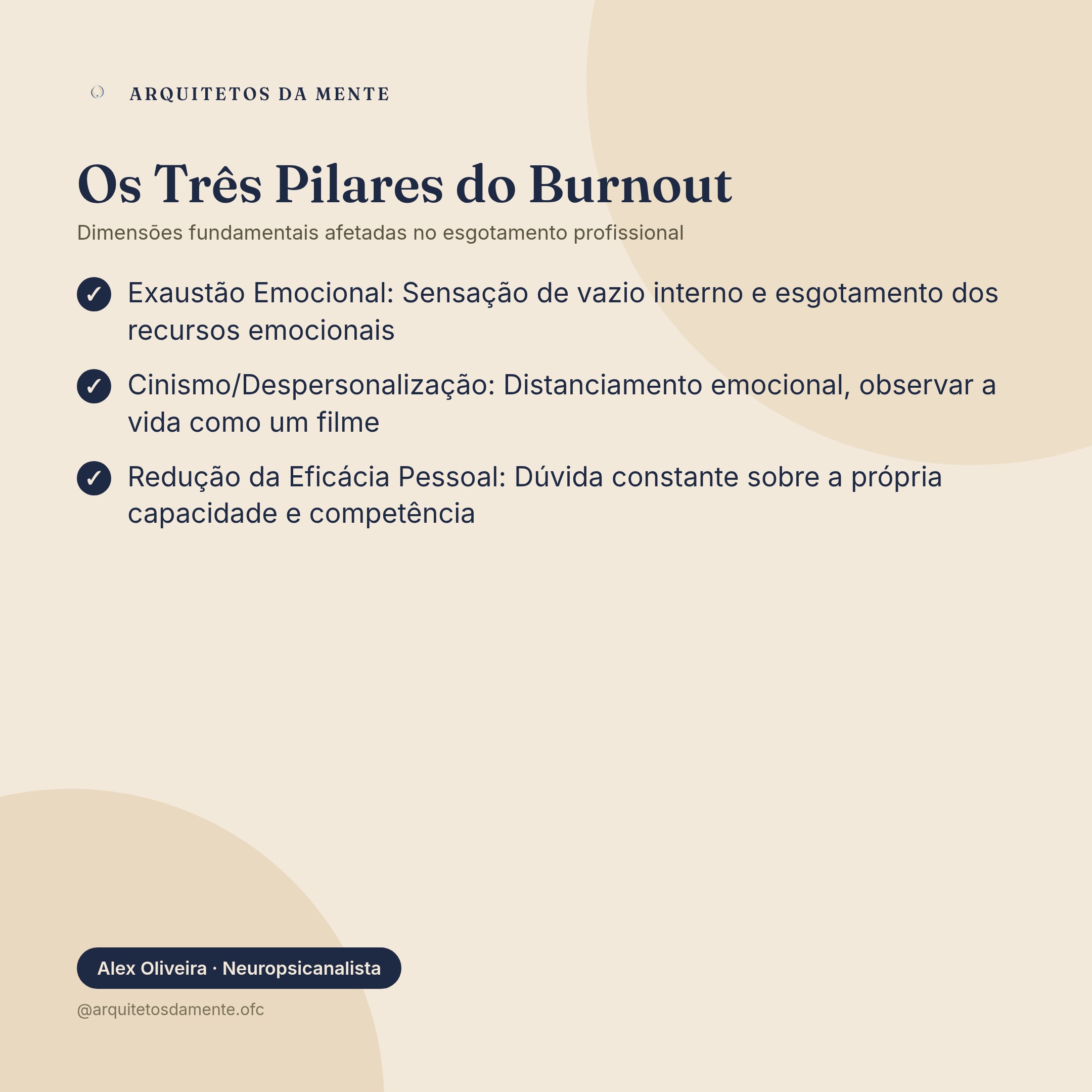 Infográfico sobre como tratar burnout — Os três pilares do burnout: exaustão emocional, cinismo e redução da eficácia pessoal