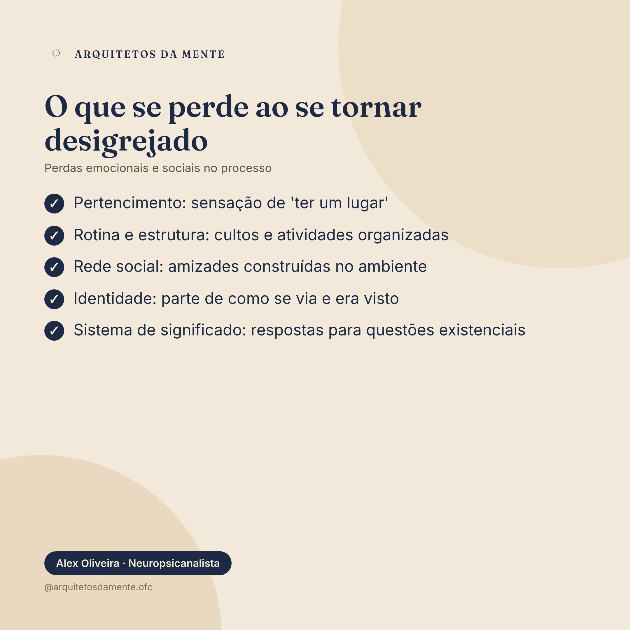 Infográfico mostrando as perdas do desigrejado: pertencimento, rotina, identidade e rede social
