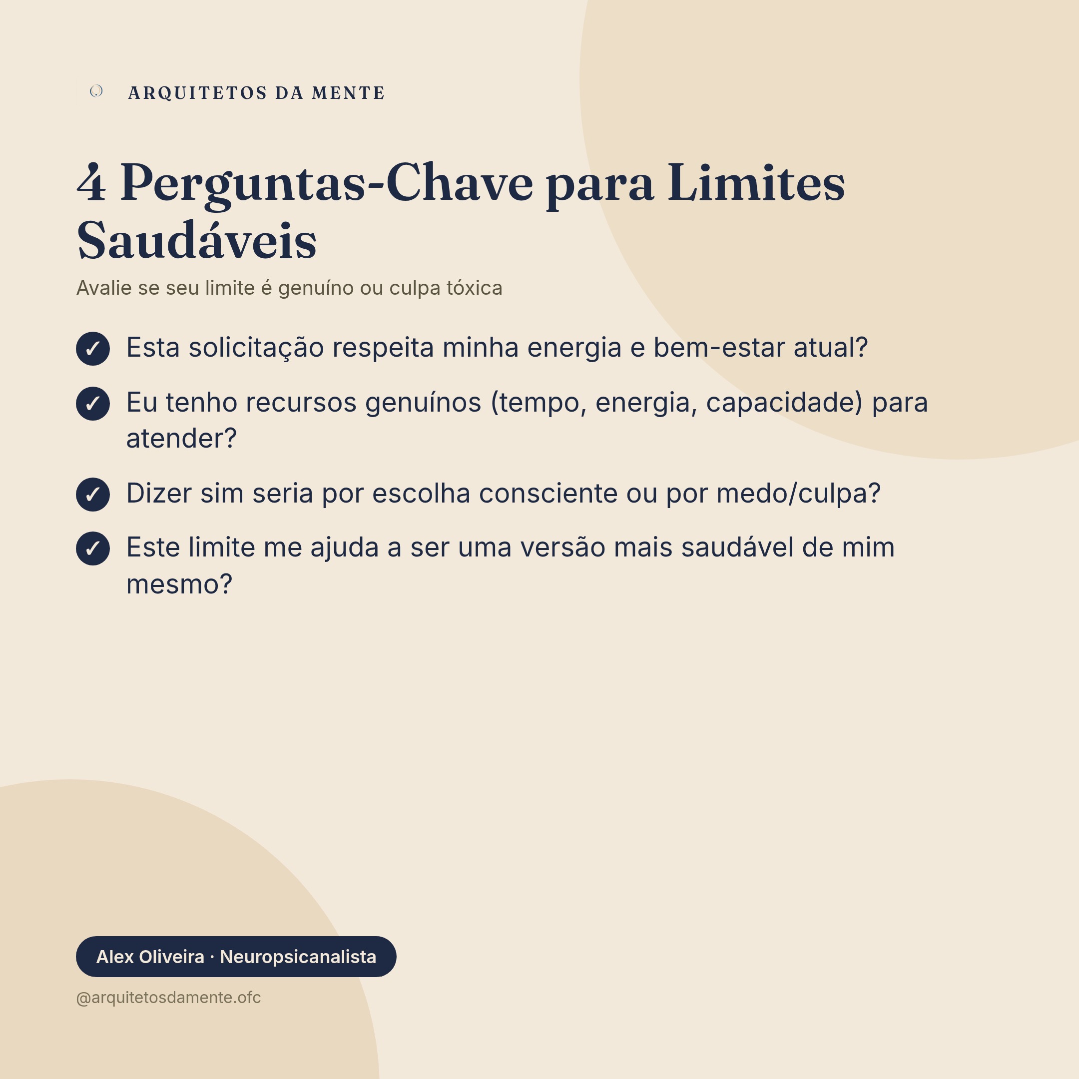 Infográfico mostrando as 4 perguntas-chave para avaliar se um limite é saudável, incluindo dizer não sem culpa e comunicação assertiva