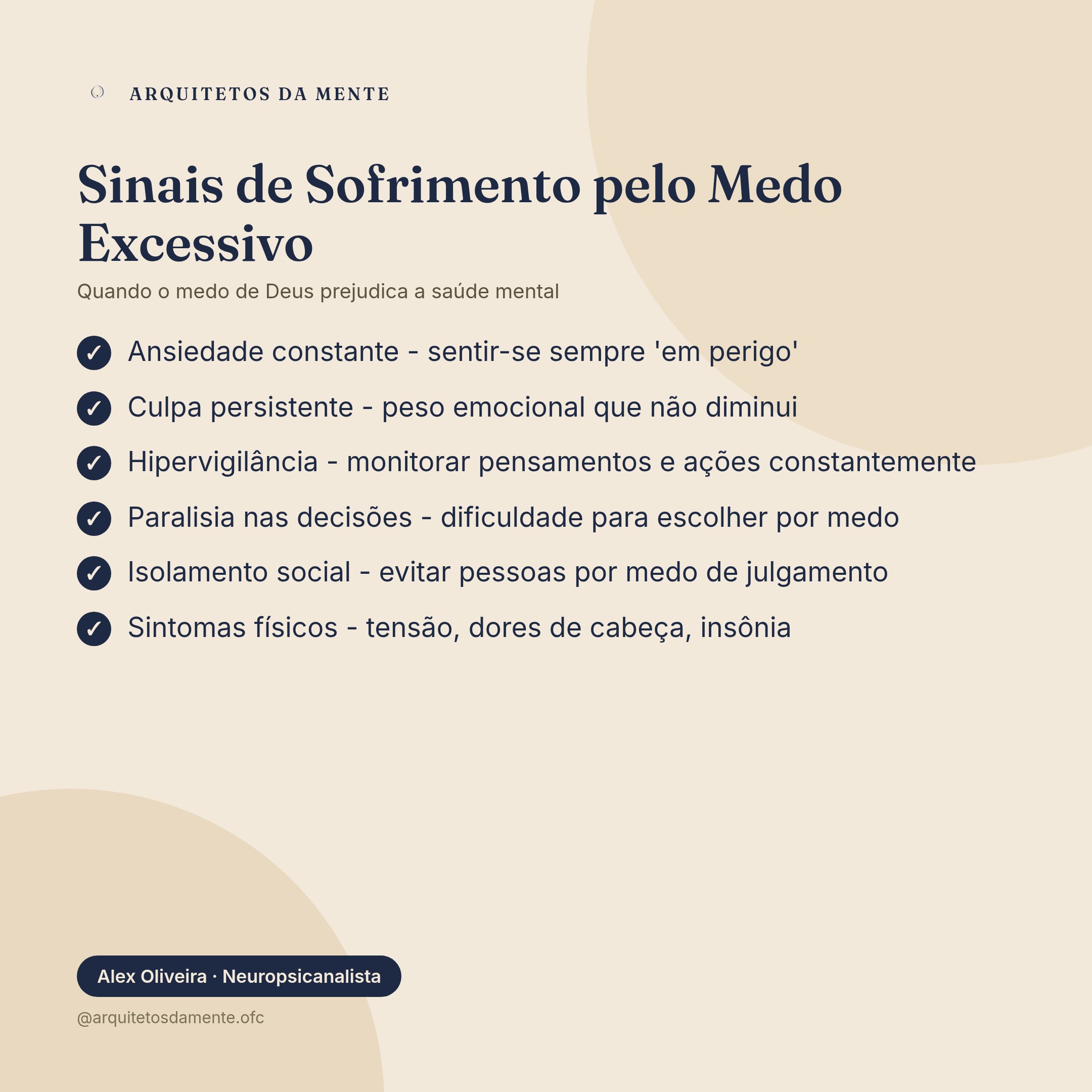 Infográfico com sinais de sofrimento pelo medo de Deus excessivo: ansiedade constante, culpa persistente, hipervigilância e dificuldades de decisão