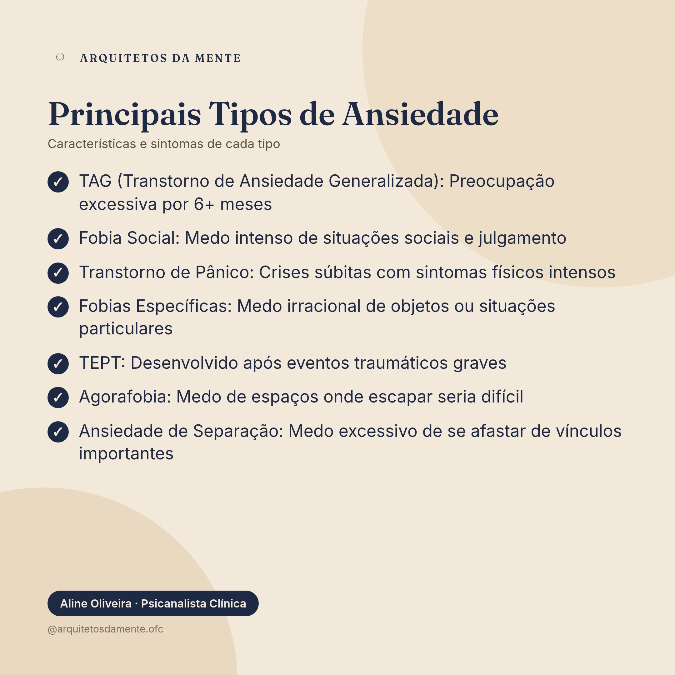 Infográfico tipos de ansiedade com características principais