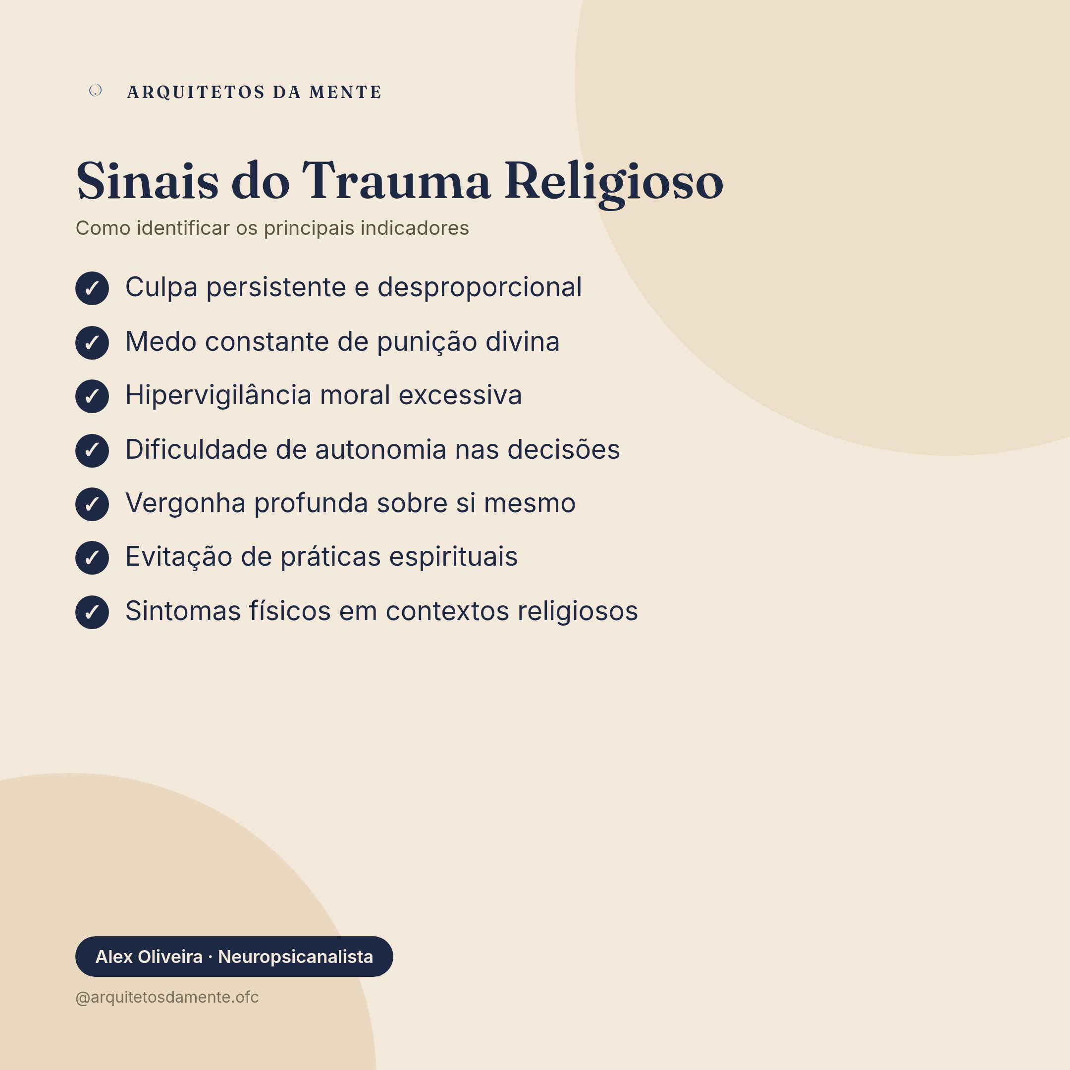 Infográfico mostrando os principais sinais de trauma religioso: culpa, medo, hipervigilância e dificuldades de autonomia