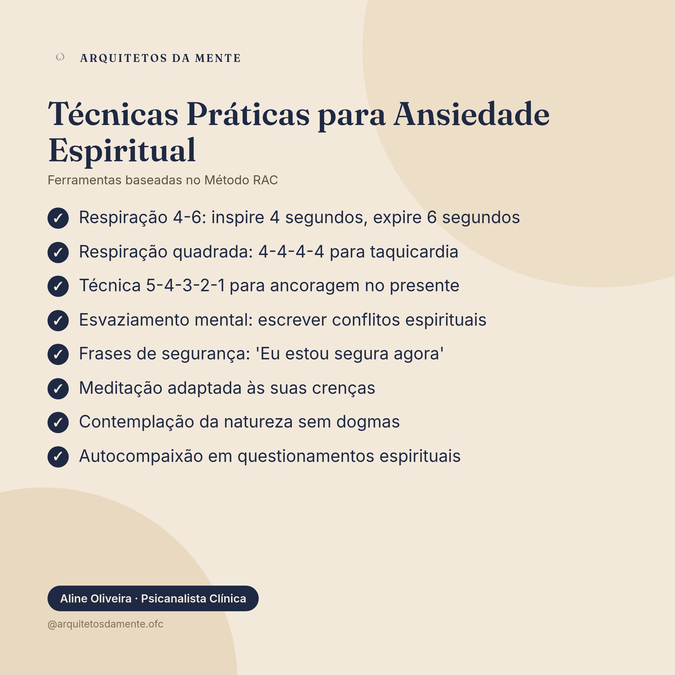 Lista de técnicas práticas para lidar com ansiedade espiritual incluindo respiração consciente e autoconhecimento