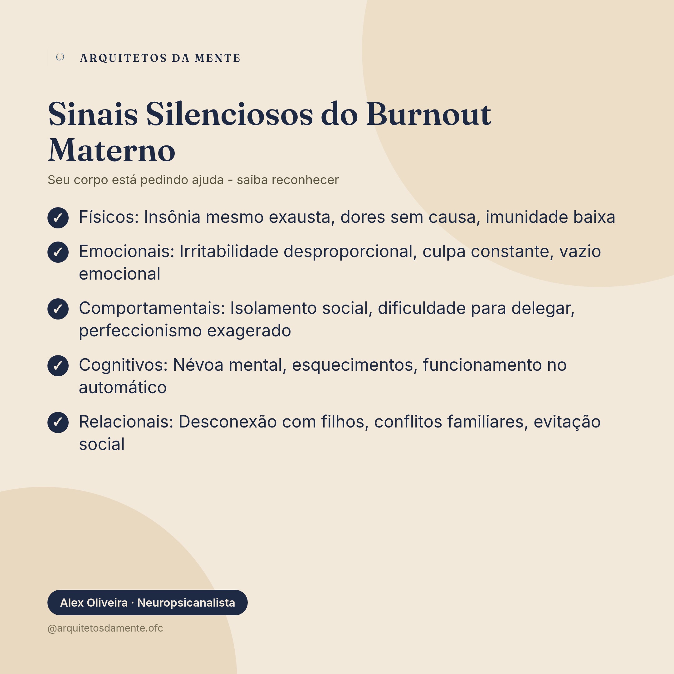 Sinais físicos e emocionais do burnout materno organizados por categorias