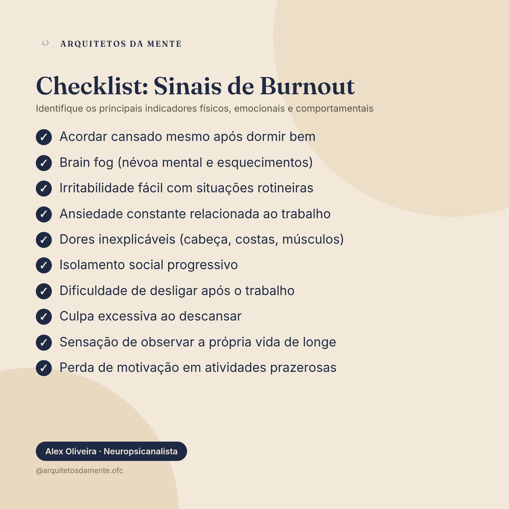 Checklist visual dos principais sinais de burnout organizados por categoria: físicos, emocionais e comportamentais