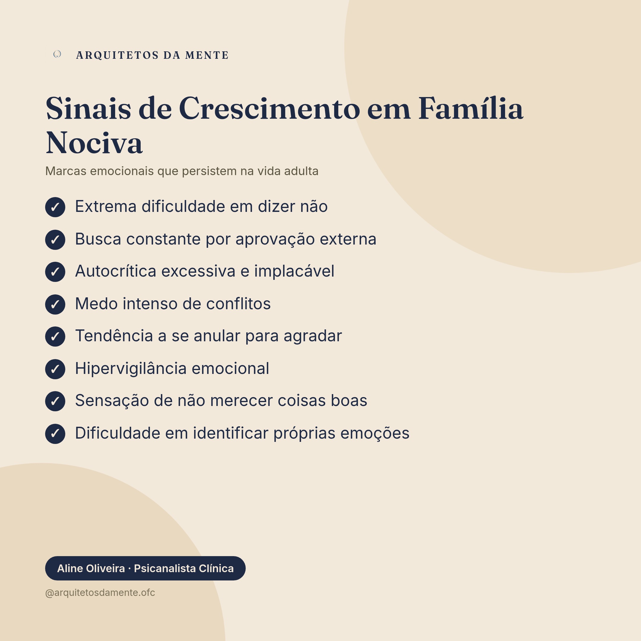 Lista de sinais emocionais de quem cresceu em família disfuncional incluindo autocrítica e medo de abandono