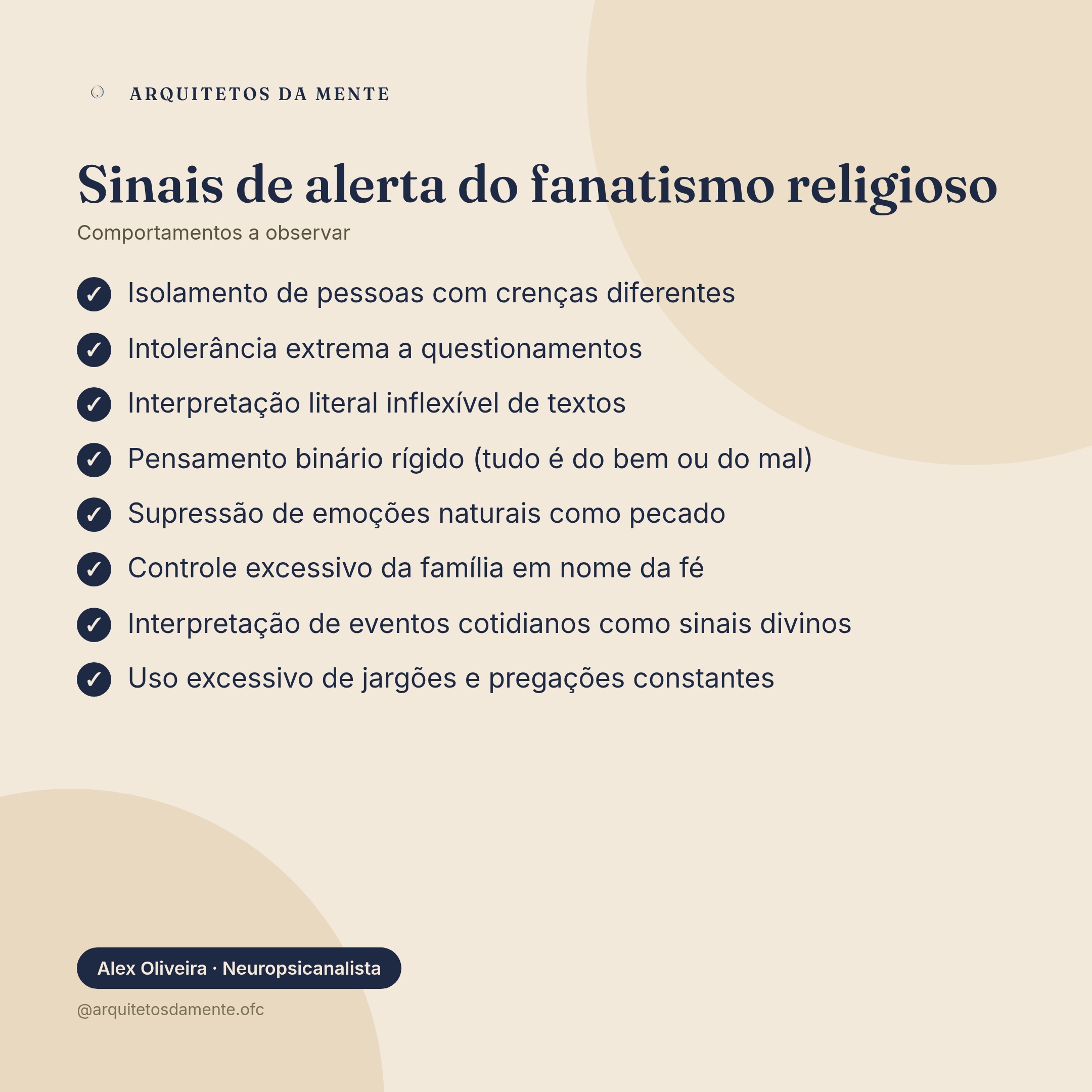 Lista visual dos principais sinais comportamentais de fanatismo religioso para identificação precoce