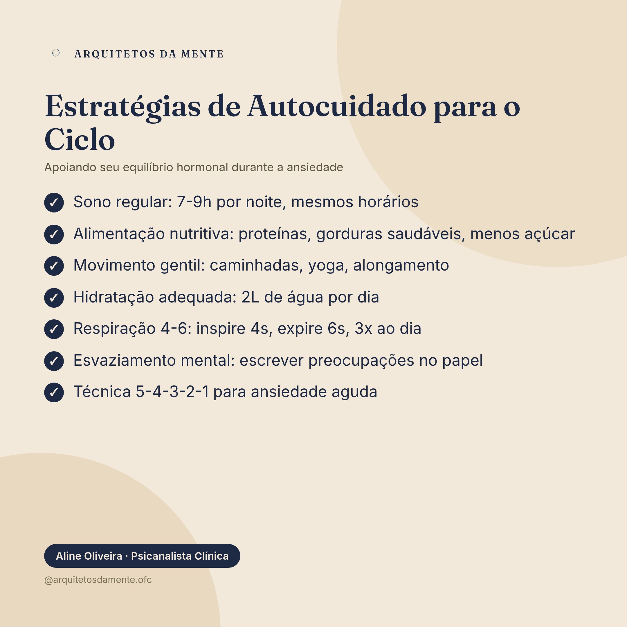 Estratégias de autocuidado para ansiedade e ciclo menstrual incluindo alimentação equilibrada e técnicas de relaxamento