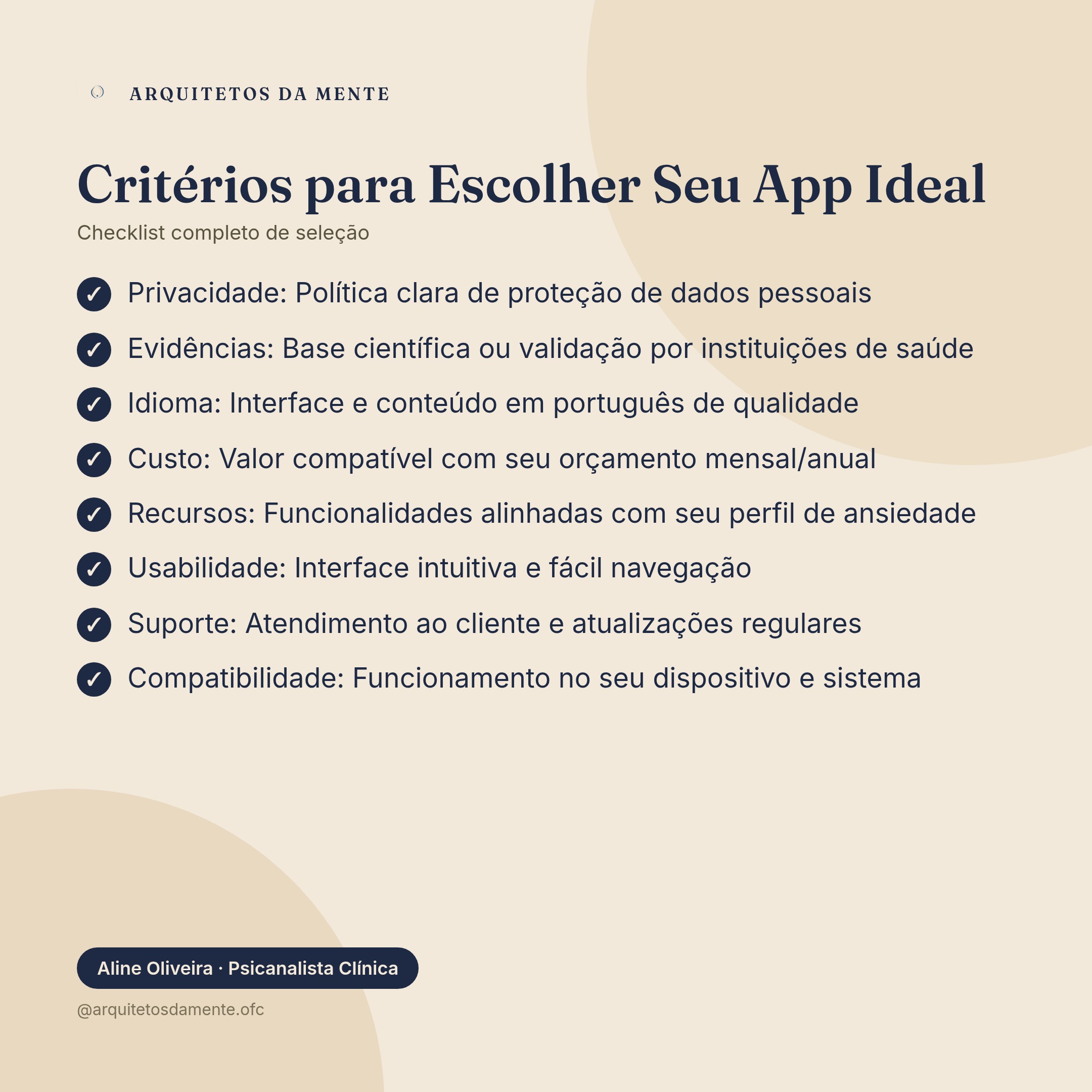 Critérios para escolher apps para ansiedade incluindo privacidade, custo e evidências científicas