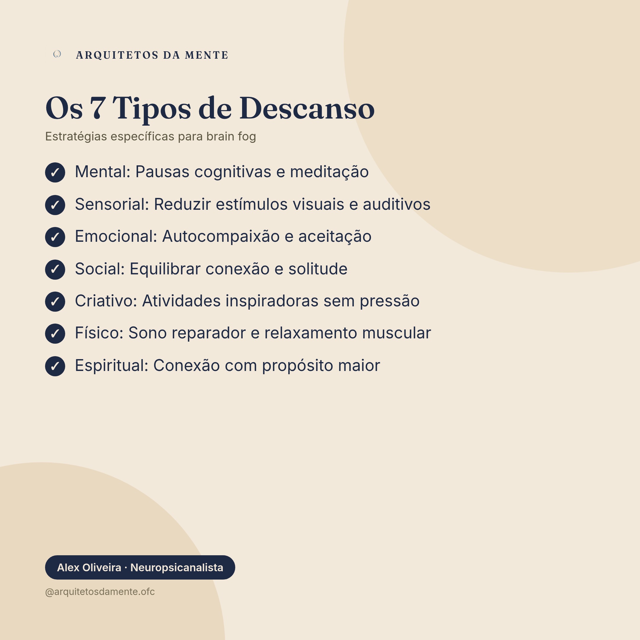Infográfico dos sete tipos de descanso essenciais para combater brain fog e névoa mental
