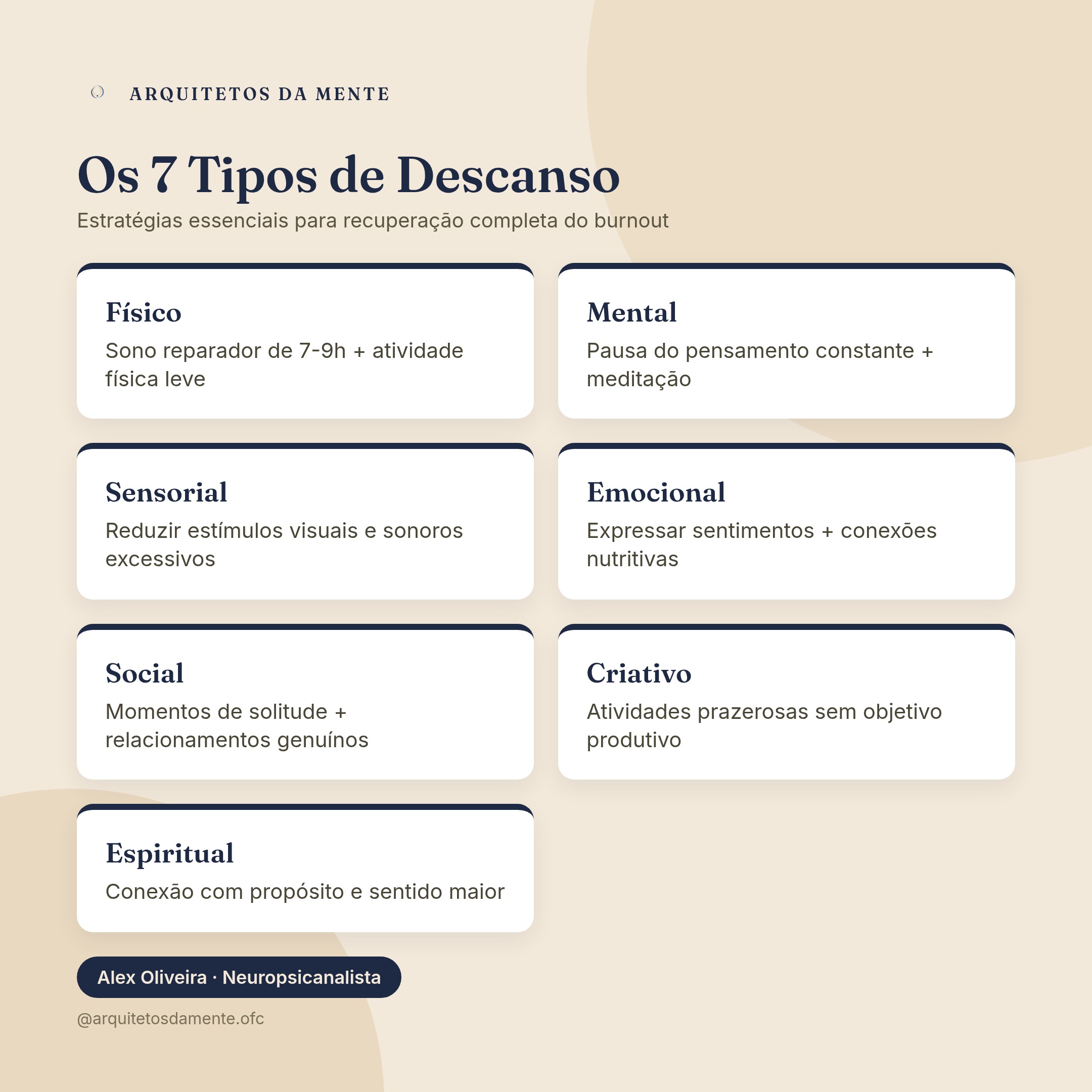 Infográfico dos 7 tipos de descanso essenciais para recuperação do burnout