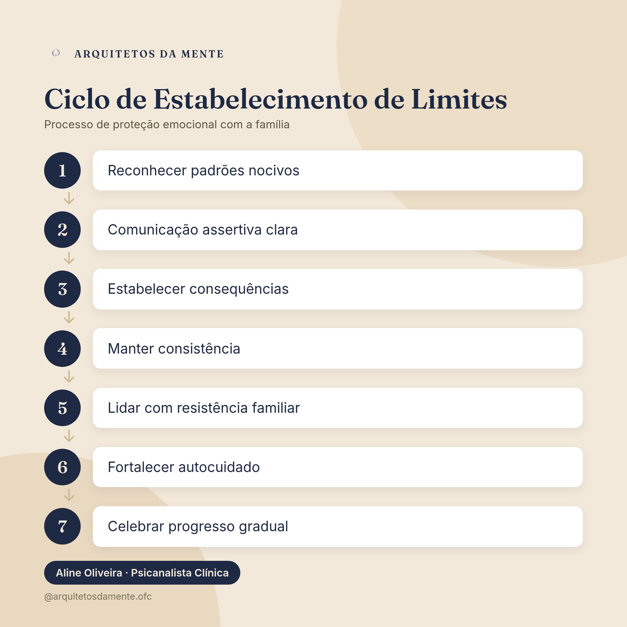 Ciclo de estabelecimento de limites familiares mostrando comunicação assertiva e autocuidado
