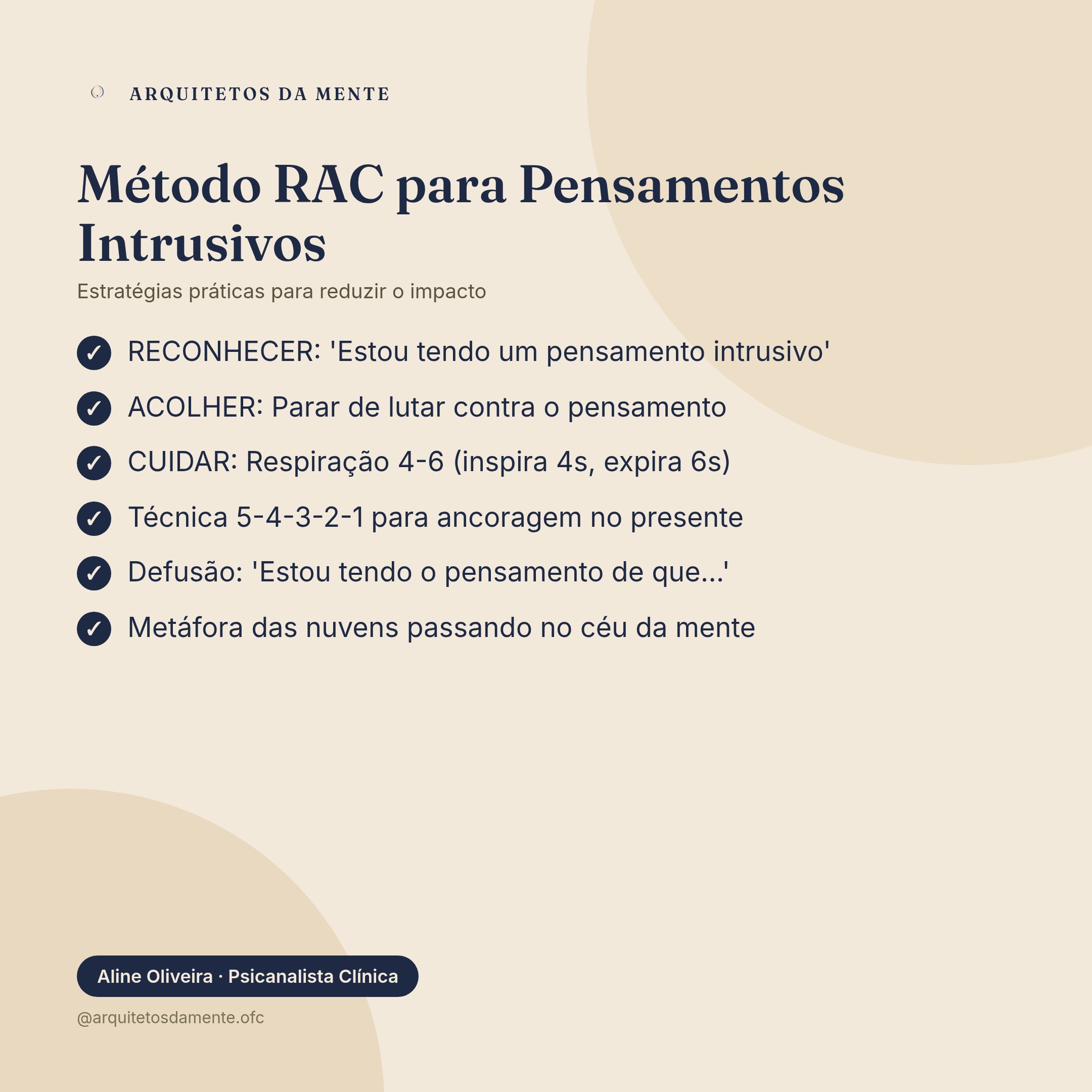 Lista de técnicas para lidar com pensamentos intrusivos: reconhecer, acolher, cuidar, respiração e ancoragem